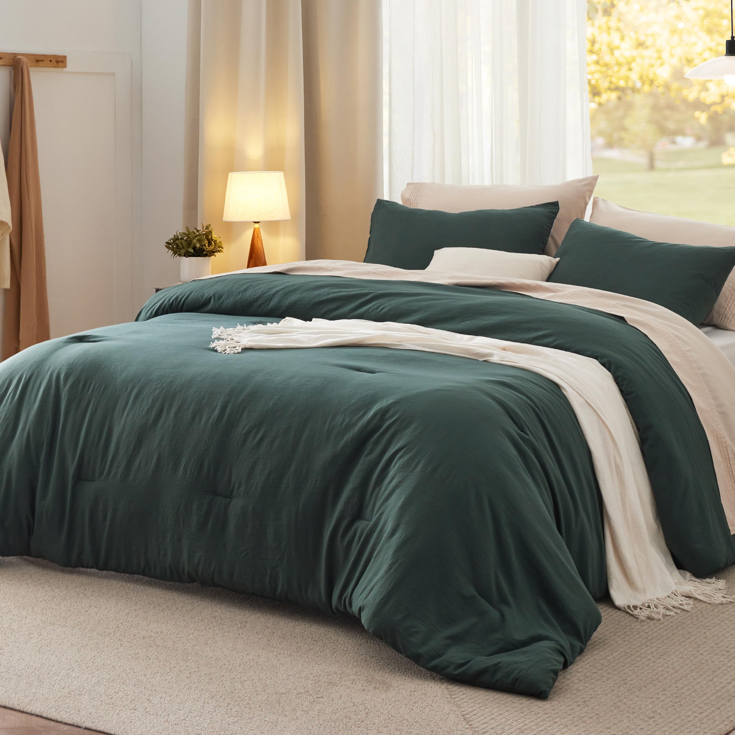 Queen Size Comforter Set - Forest Green Prewashed Bedding
