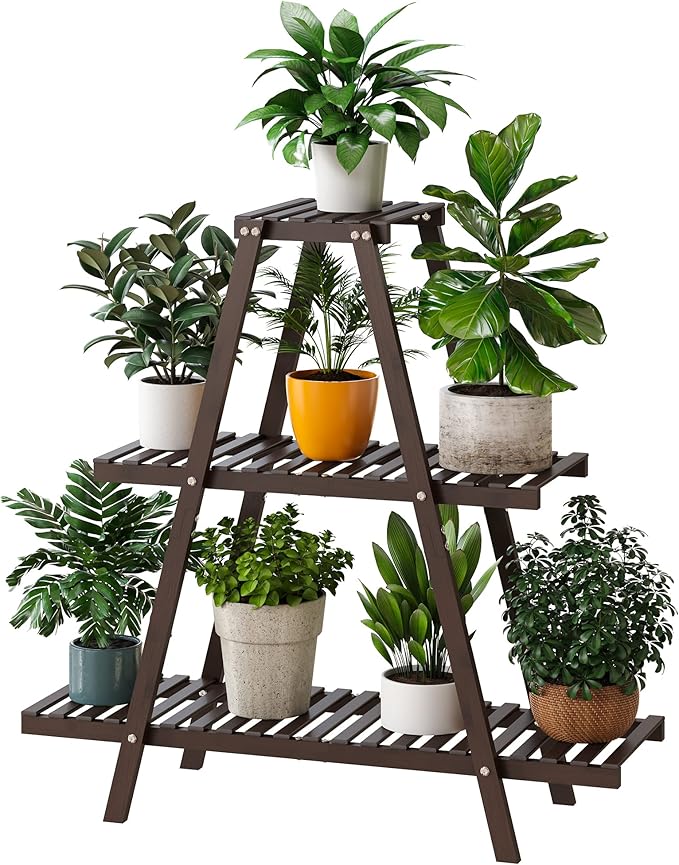 Bamboo Plant Stand - Indoor/Outdoor 3 Tier Plant Ladder, 8 Potted Flower Holder