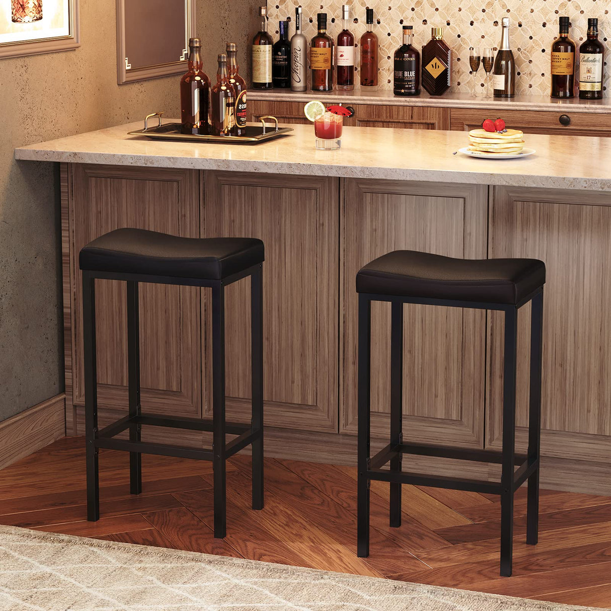 Bar Stools, Set of 2 Bar Chairs, Counter Height Stools, Saddle Stools