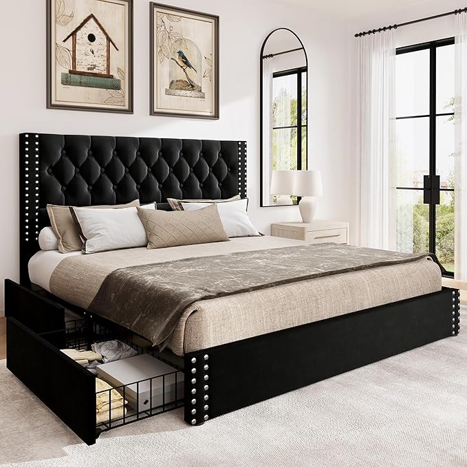 Queen Bed Frame with 4 Storage Drawers,Linen Upholstered Platform Bed Frame