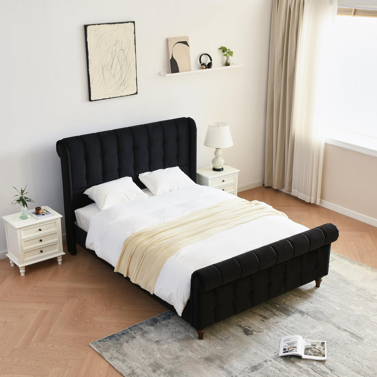 Full Size Bed Frame, Velvet Upholstered Platform Sleigh Bed with Button Tufted Headboard