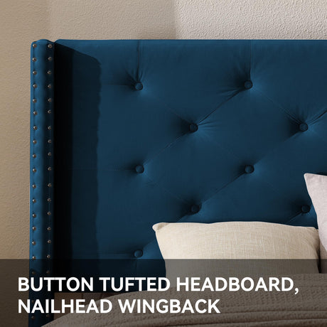 Upholstered California King Bed Frame with Tufted Headboard Blue Velvet Platform