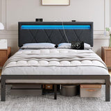 Full Size Bed Frame with Charging Station and LED Lights, Upholstered Bed with Height