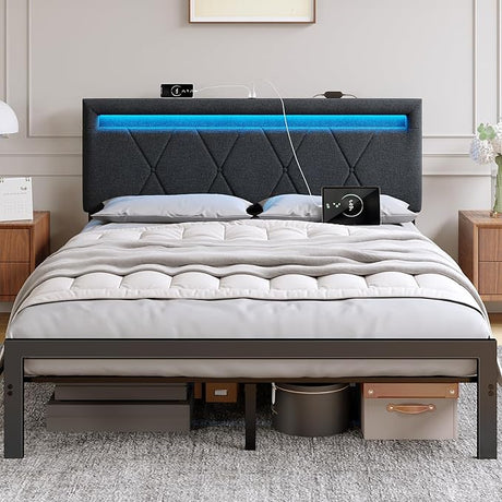 LumeoGlow Upholstered Bed Frame with LED Lights & Charging Station