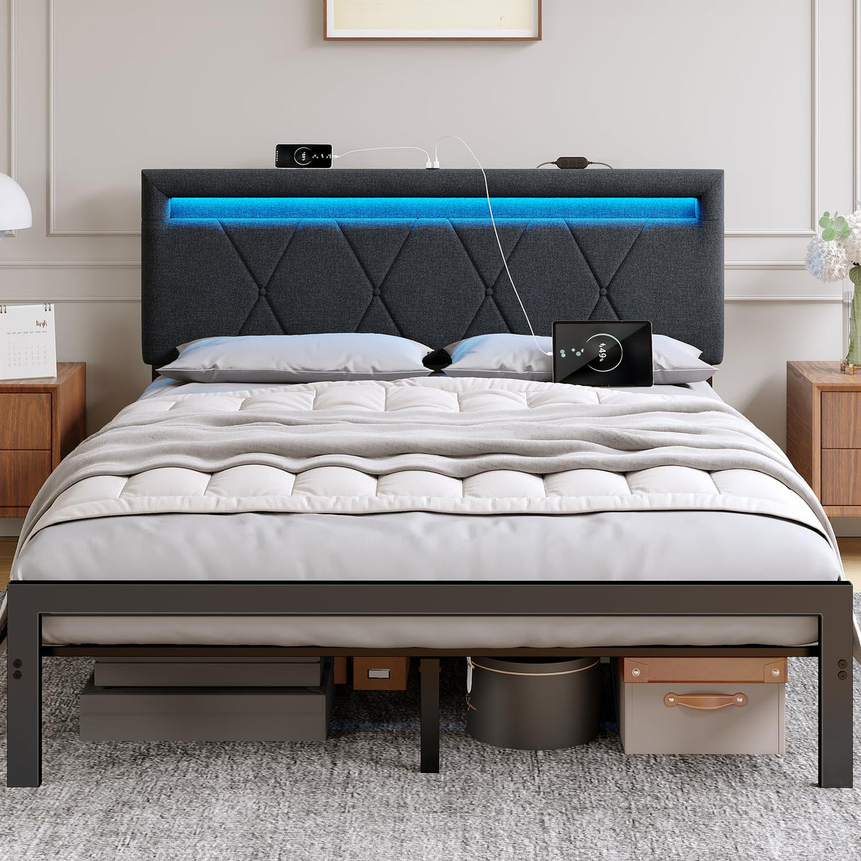 Full Size Bed Frame with Charging Station and LED Lights, Upholstered Bed with Height