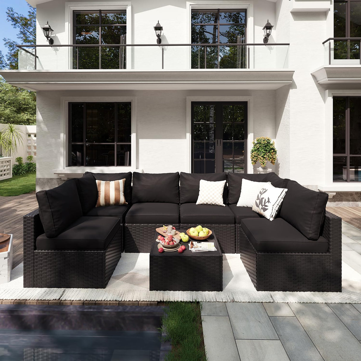 7-Piece Outdoor Sectional Patio Furniture | L-Shaped Wicker Rattan Conversation Set