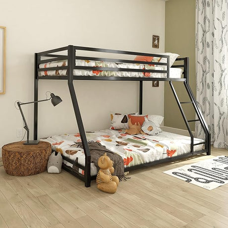 Metal Bunk Bed Frame for Kids, With Built-in Ladder, High Guardrail and Metal Slats, Floor Bed Bottom Bunk, No Boxspring Required, For Small Spaces, Full-Over-Full, Black