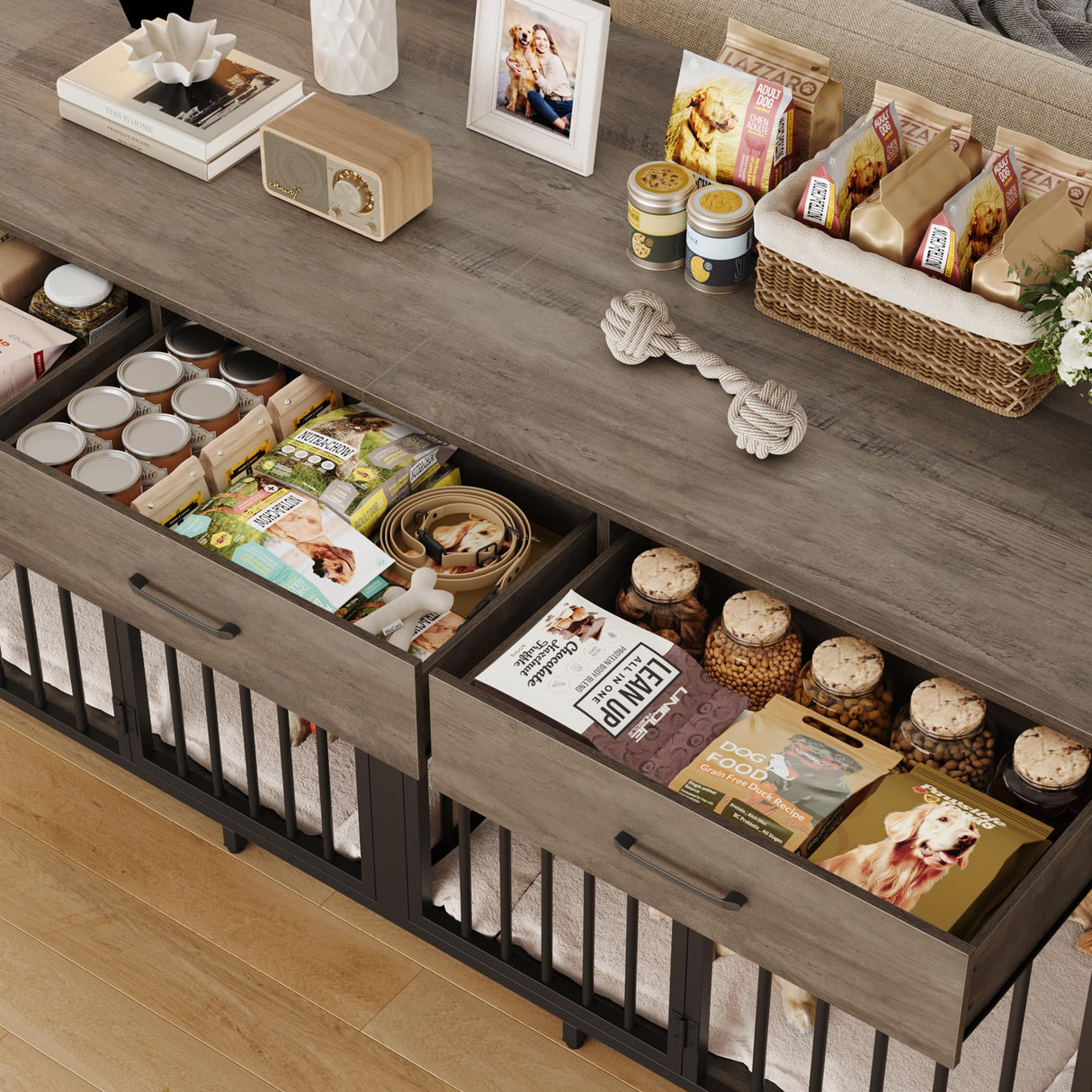 Double Dog Crate Furniture 71" Wide with 3 Drawers - Heavy Duty Wooden Kennel for 2 Large Dogs