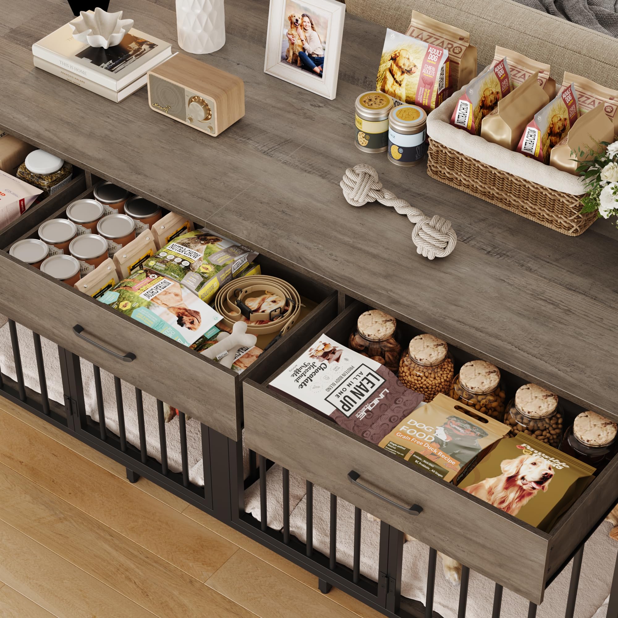 Double Dog Crate Furniture 71" Wide with 3 Drawers - Heavy Duty Wooden Kennel for 2 Large Dogs