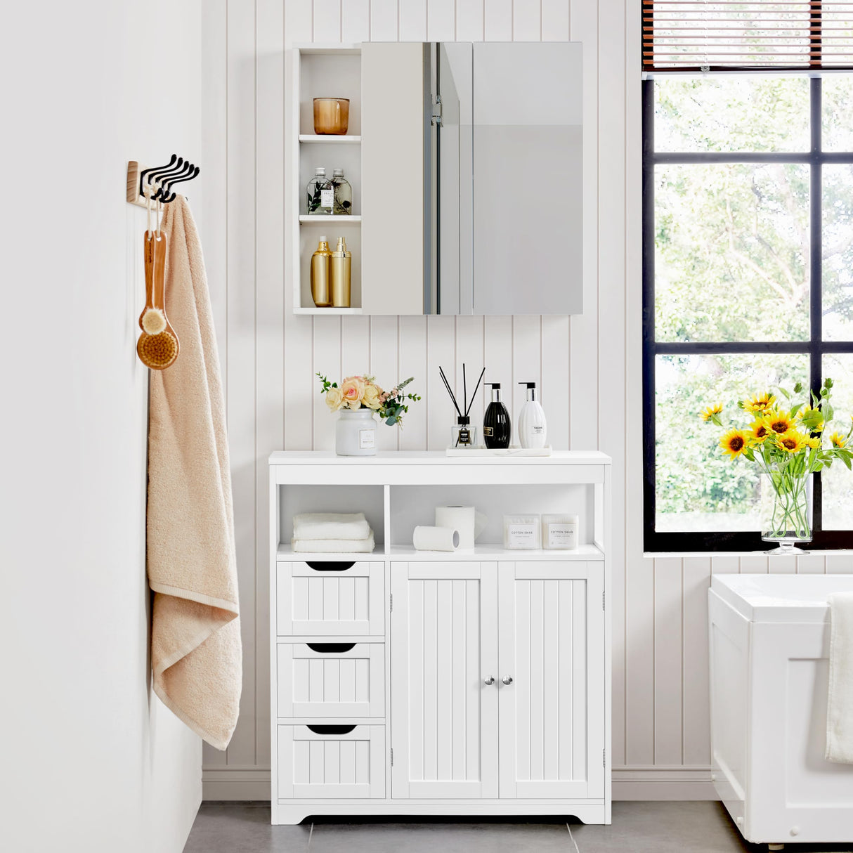 Bathroom Floor Cabinet, Wooden Storage Organizer with 3 Drawers and 2 Open Shelves