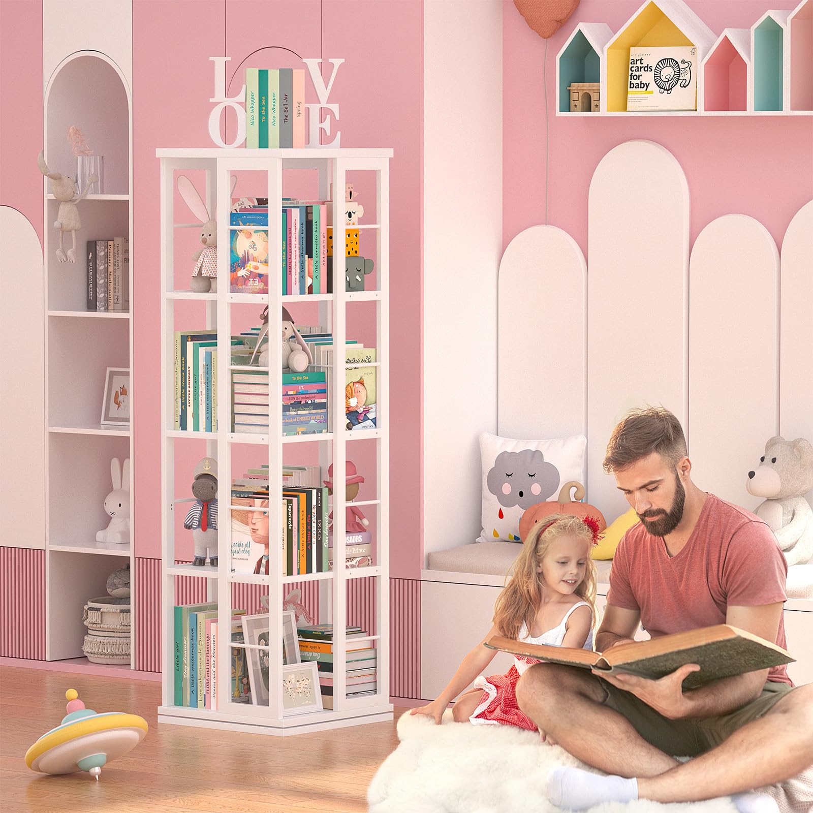 Bookshelf, Corner Bookshelf, 360 Display Wood Spinning Bookshelf, Floor Standing