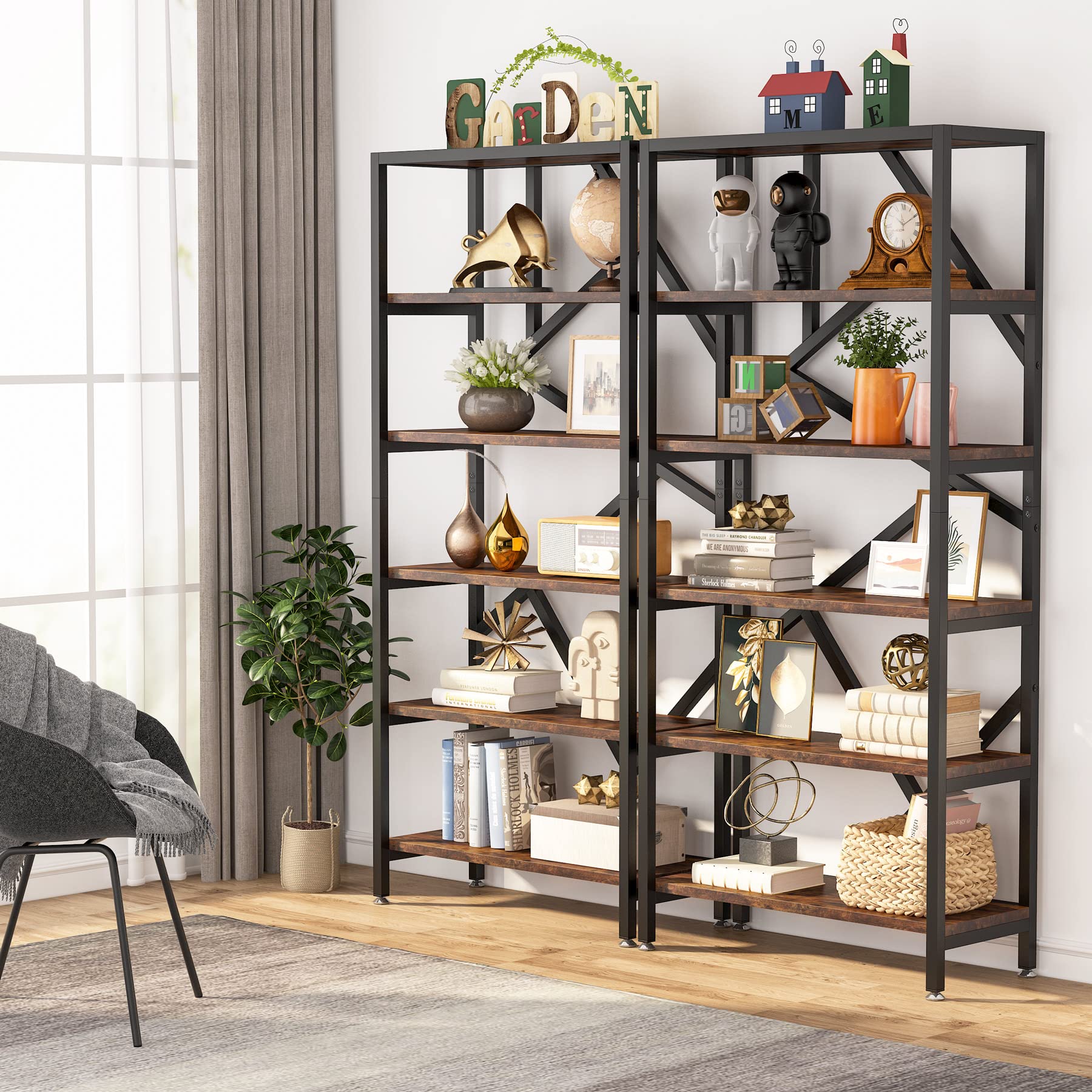 71 Inch Industrial Bookshelf, 6 Shelf Etagere Bookcase, Free Standing Open Book Shelves