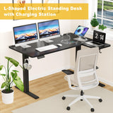 Mr IRONSTONE L Shaped Electric Standing Desk, 47 Inch Height Adjustable Desk with 3 AC Outlets & 2 USB Ports, Corner Adjustable Desk Sit Stand Desk Home Office Computer Desk, Black