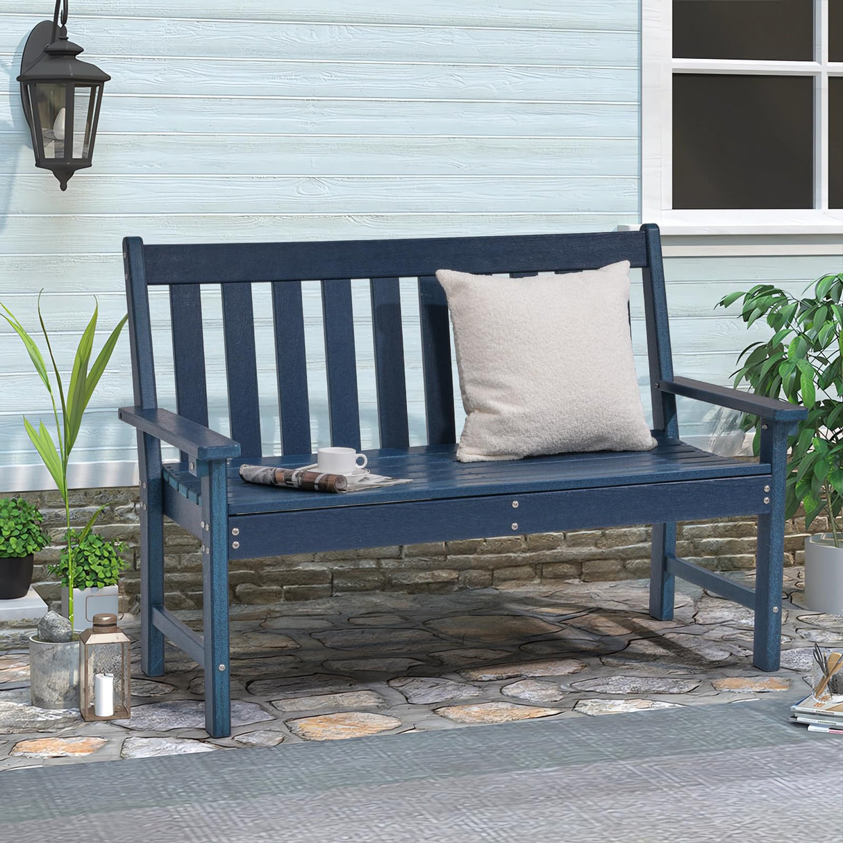 Outdoor Garden Bench, All Weather HDPE Patio Porch Bench with Faux Wood Grain Pattern