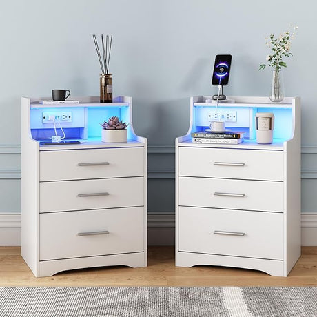 Nightstand with Charging Station & LED Lights, White Nightstand with 2 Drawers and Open Storage