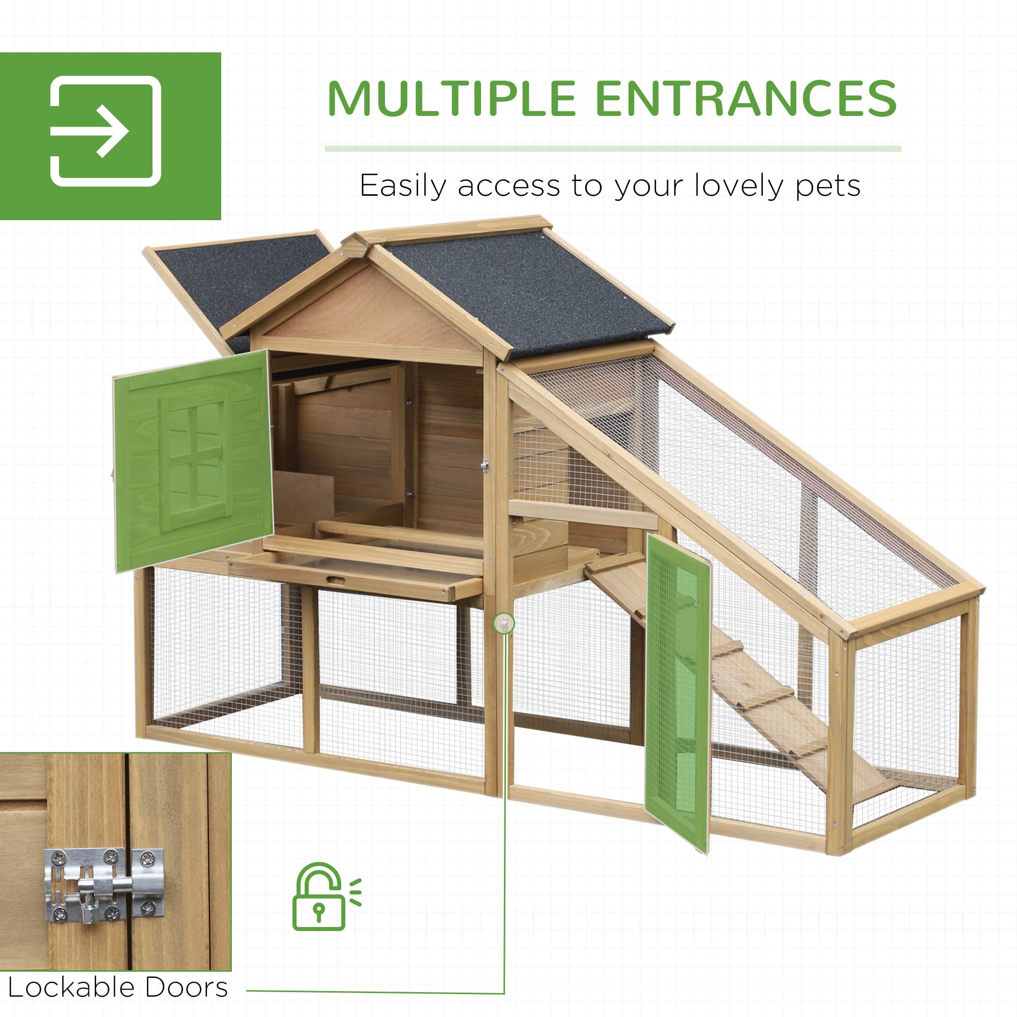 69" Wooden Chicken Coop, Poultry Cage Hen House with Connecting Ramp