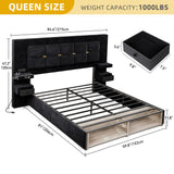 Queen Bed Frame with LED Lights and Charging Station