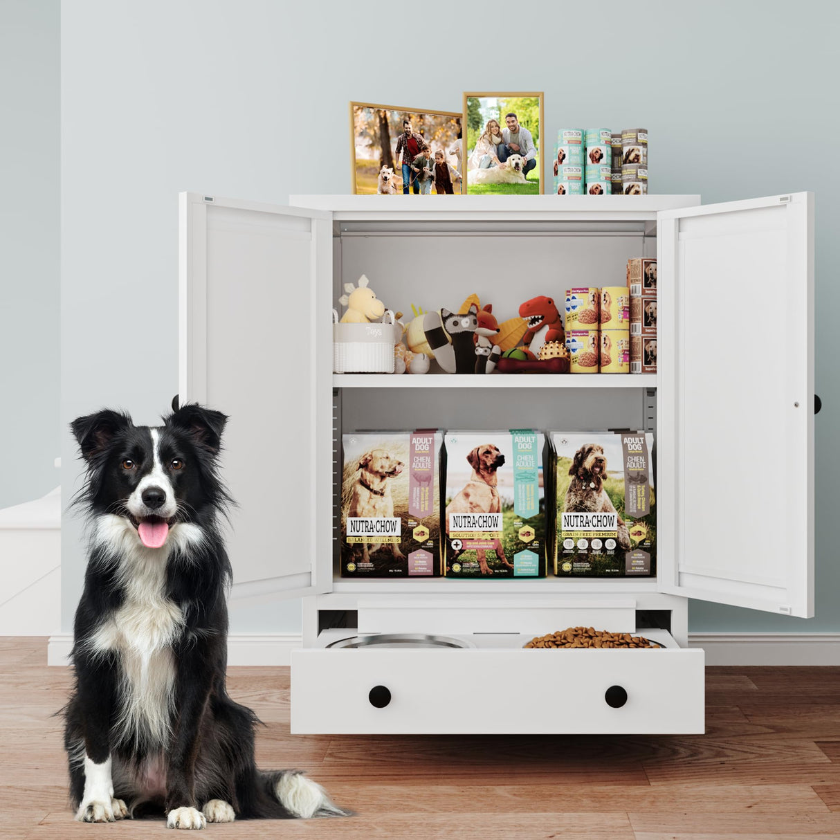Metal Dog Feeding Station with Storage Cabinet & Elevated Bowls