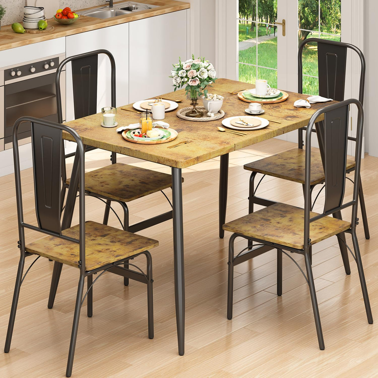 Dining Table Set for 4 with One Table and Four Chairs, Small Space Dinette for Kitchen