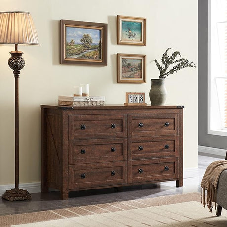 Farmhouse 6 Drawers Dresser for Bedroom, Wood Rustic Wide Chest of Drawers,