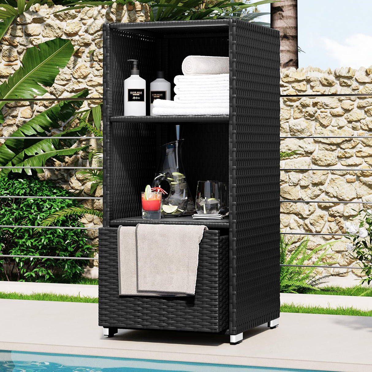 outdoor Towel Cabinet, Pool Accessory Storage Organizer, Freestanding Waterproof