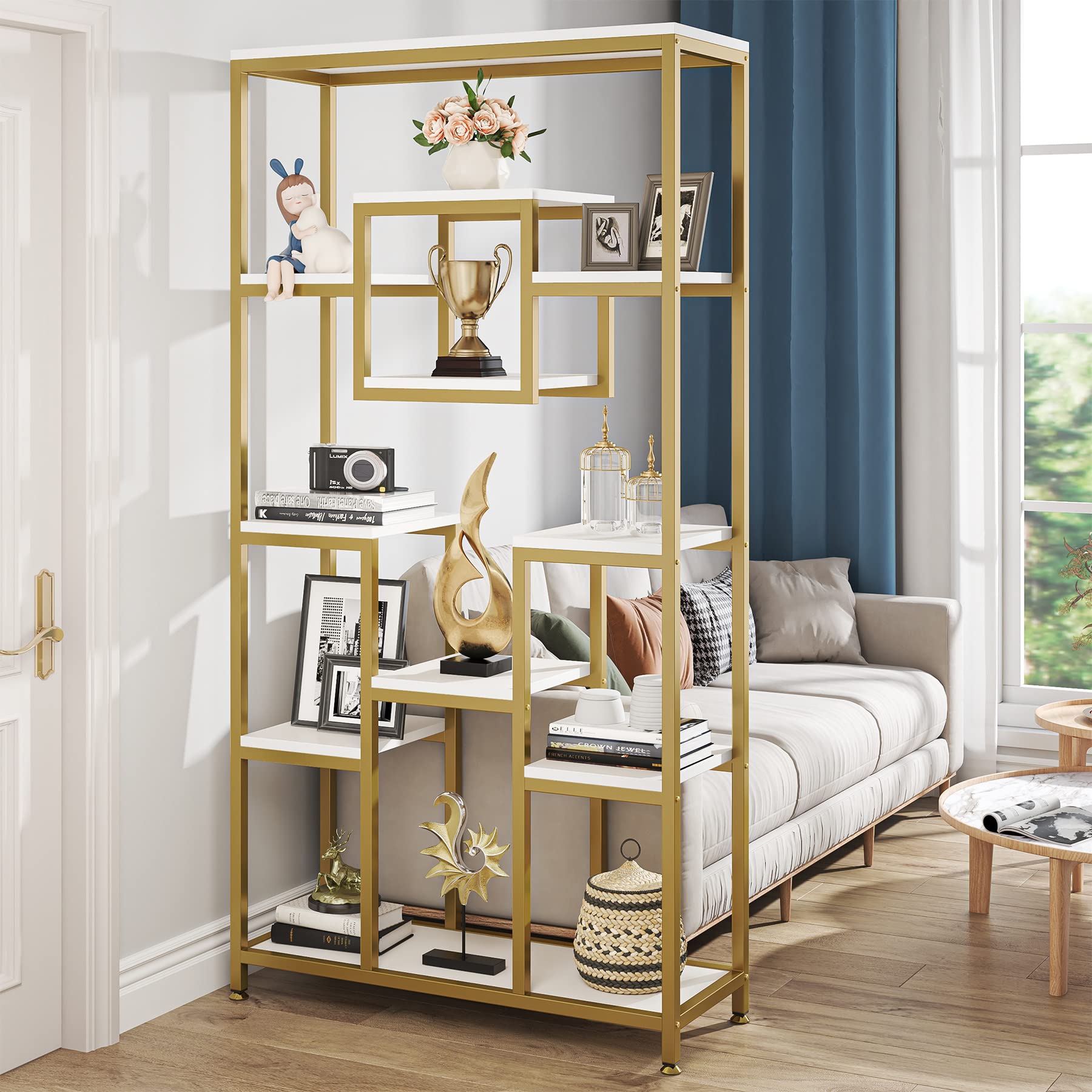 71" Gold Etagere Bookshelf, Modern 11-Tier Tall Open Display Bookcase Bookshelves, Free