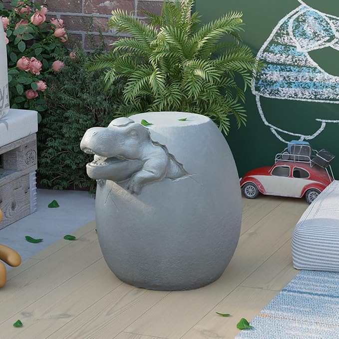 Outdoor Side Table w Chessboard, 14''Concrete Faux Wooden Garden Stool,