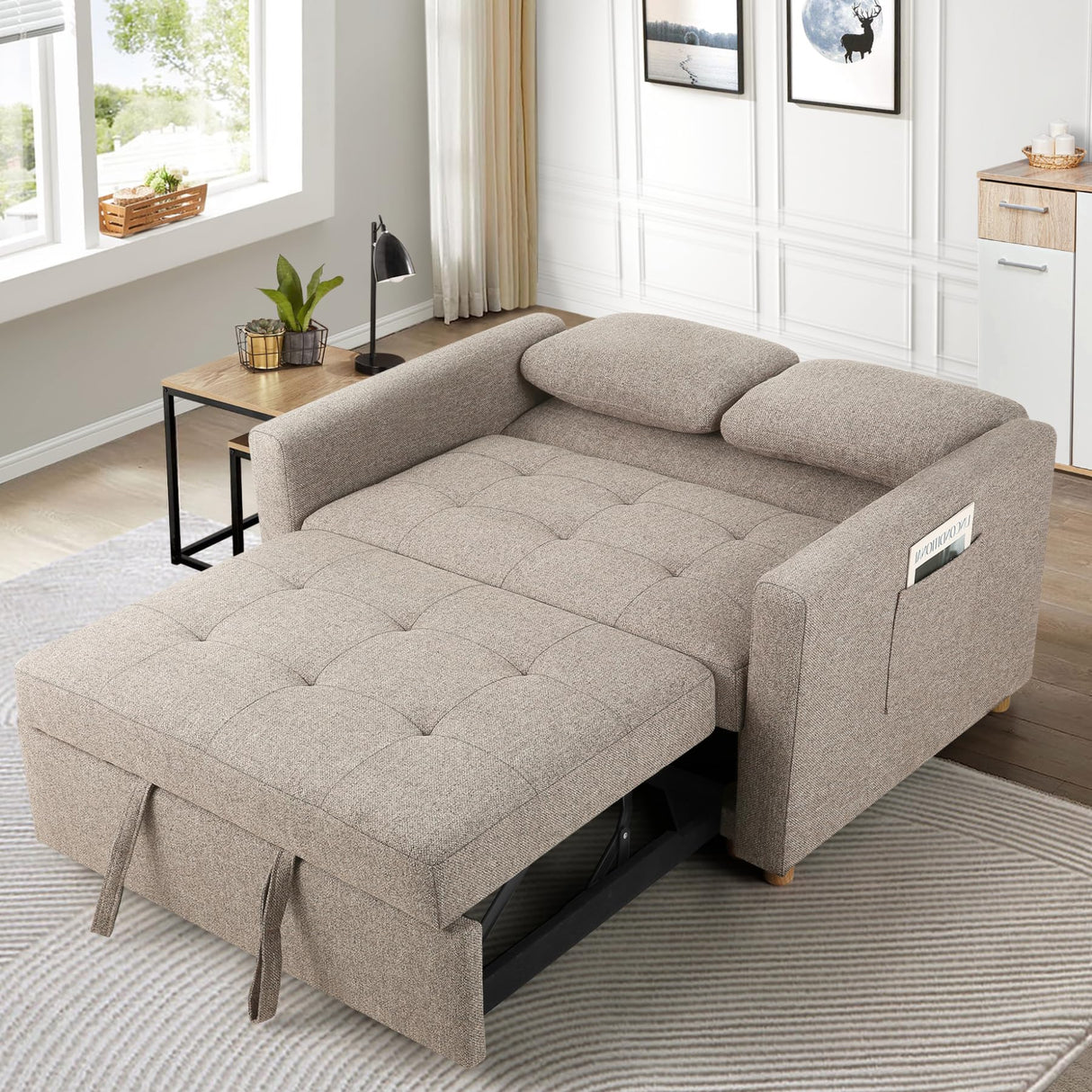 3-in-1 Convertible Sofa Bed, Linen Fabric Sleeper Couch Pull Out Bed, 49" 2-Seater Loveseat Futon Sofa with Spring Support, Adjustable Backrest and Pillows for Small Spaces, Living Room