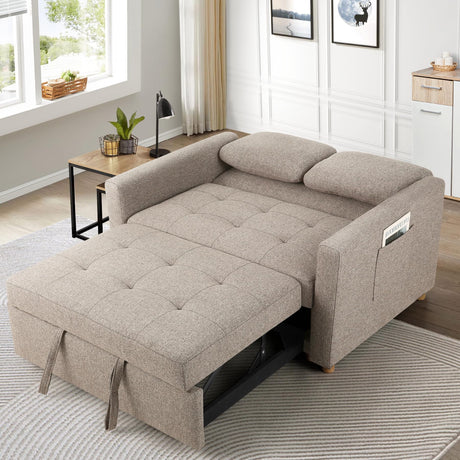 3-in-1 Convertible Sofa Bed, Linen Fabric Sleeper Couch Pull Out Bed, 49" 2-Seater Loveseat Futon Sofa with Spring Support, Adjustable Backrest and Pillows for Small Spaces, Living Room