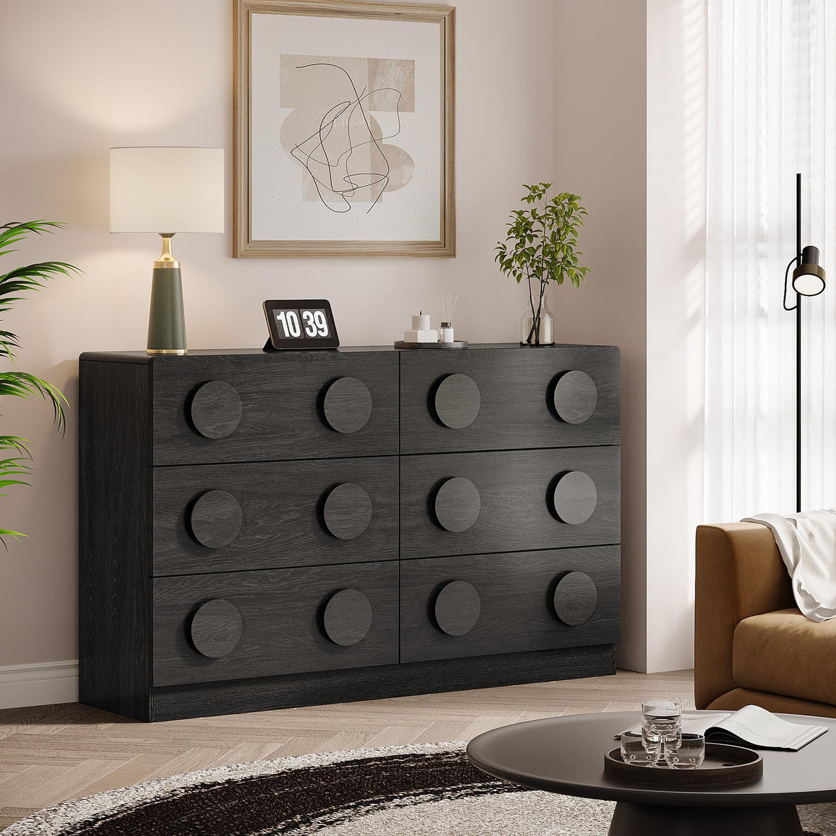 Modern 47" Wide Black Sideboard Buffet Cabinet with Storage and 6 Drawers