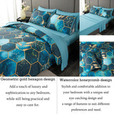 Turquoise Gold Hexagon Queen Comforter Set, 7Pcs Honeycomb Bed