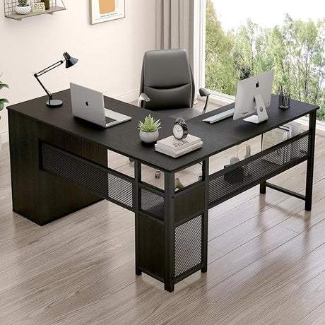 L Shaped Desk with Storage Cabinets, Reversible Home Office Corner Desk