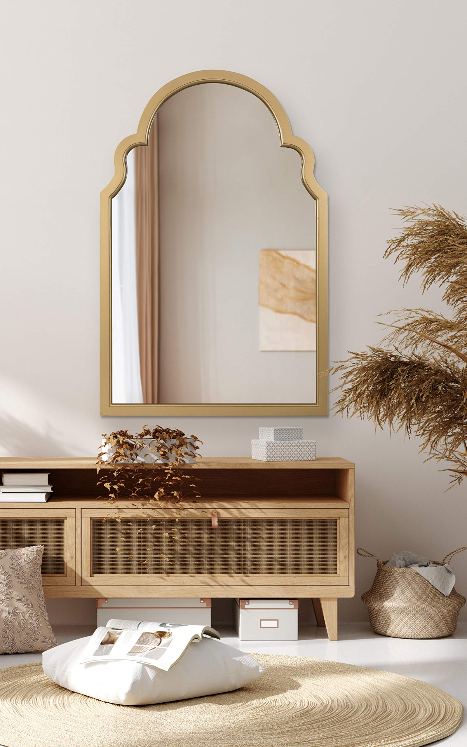 Hogan Modern Arched Wall Mirror, 24 x 36, Gold, Glam Moroccan Mirror for Wall