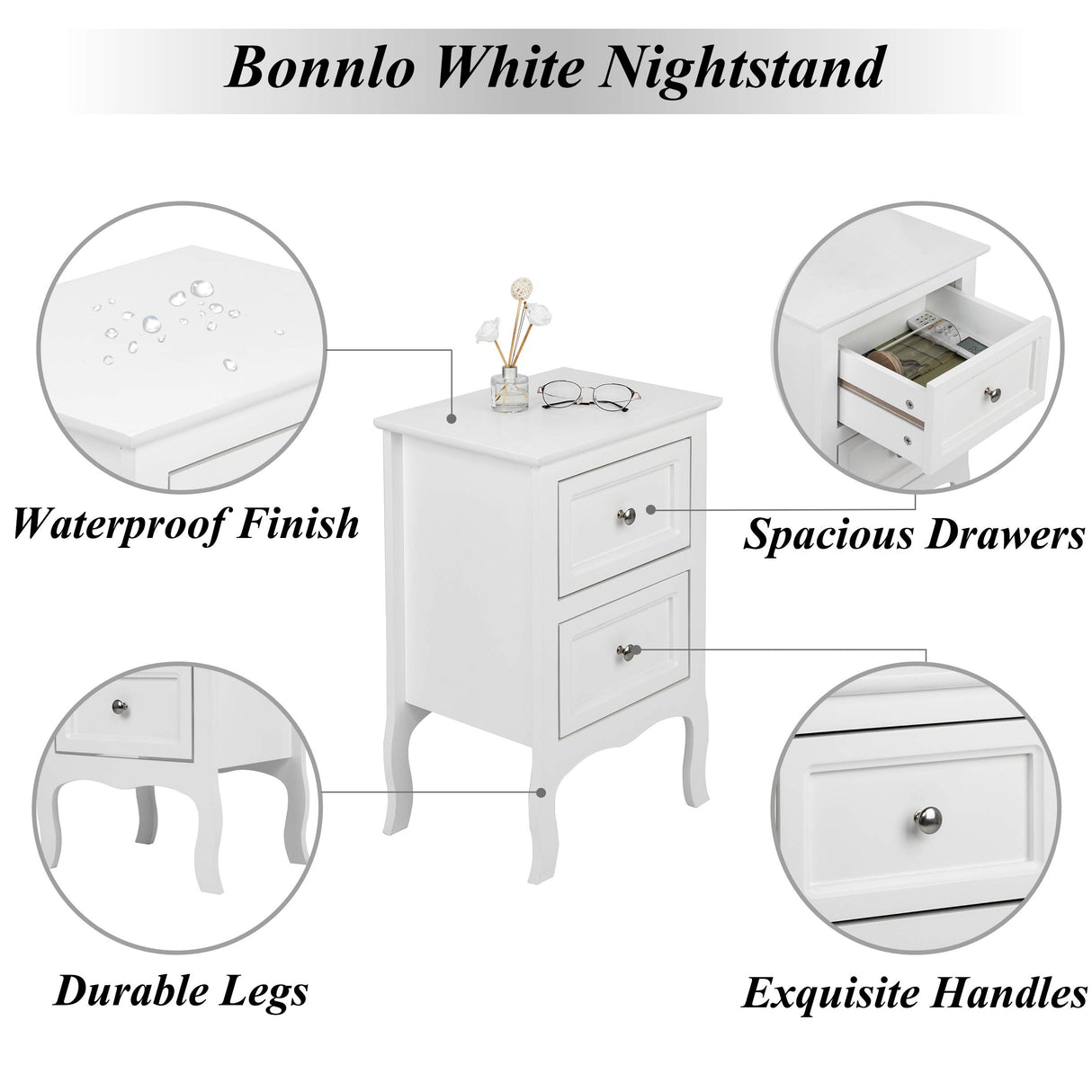 White Nightstand Set of 2, Nightstands with 2 Drawers, Bed Side Table/Night Stand, Small Nightstand for Bedroom, Small Spaces