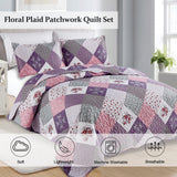 Purple Quilt Set Queen Size, Reversible Floral Plaid Patchwork Pattern Bedding