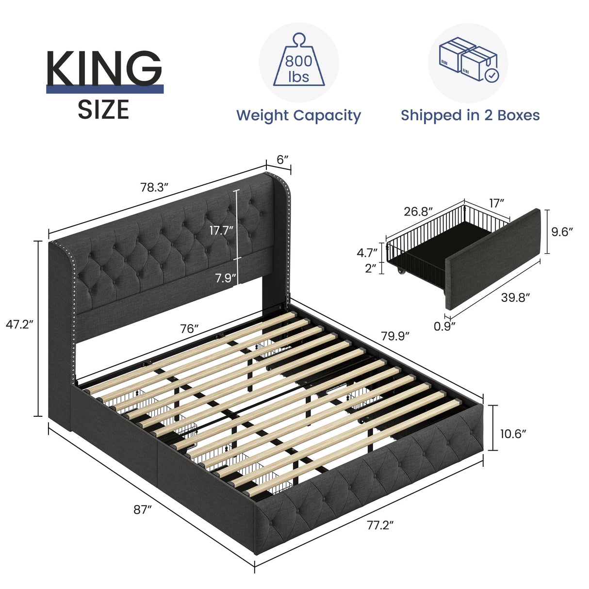 Bed Frame King Size Upholstered Platform Bed with Storage Drawers and Tufted Headboard