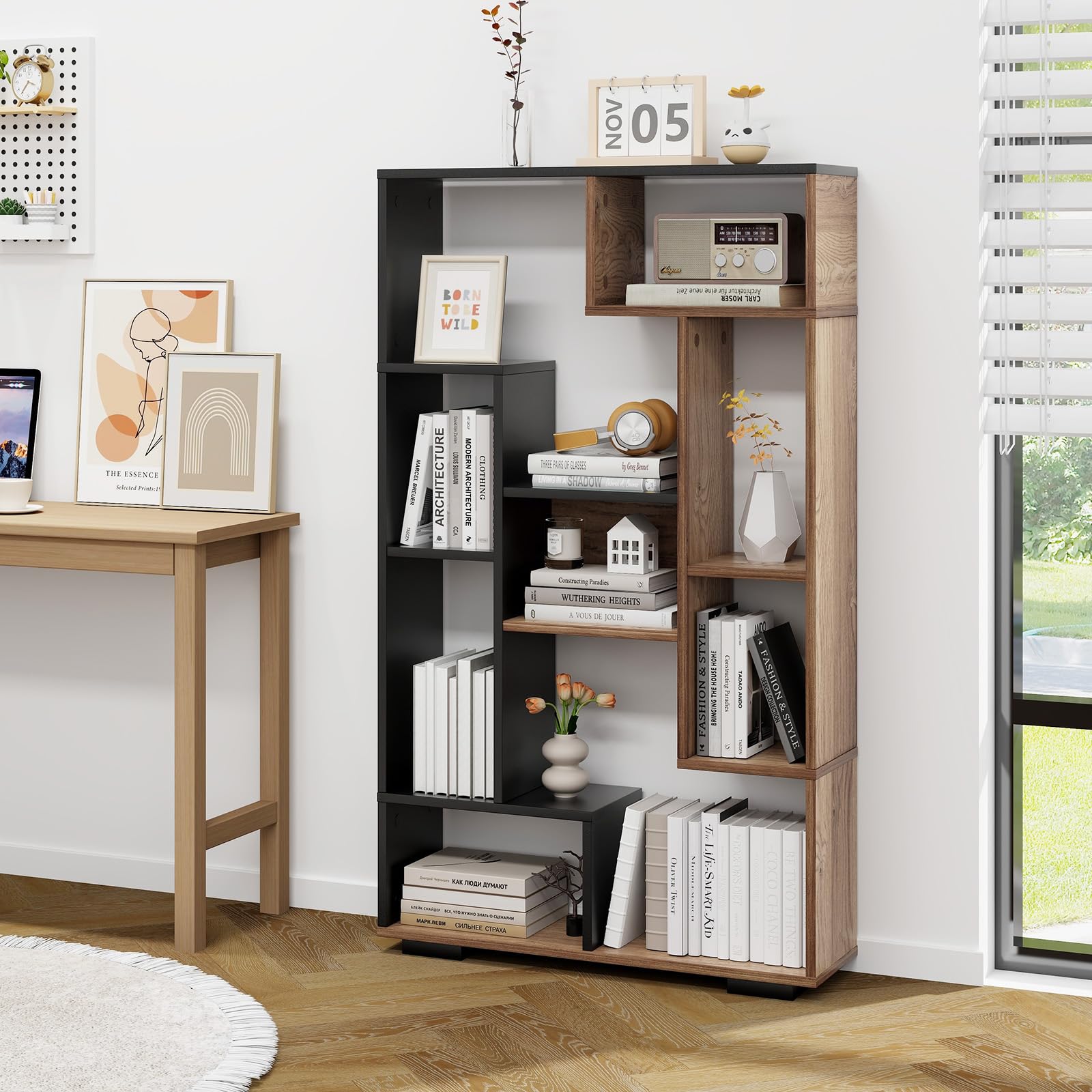 Tangkula Geometric Bookshelf, 47 Inch Tall Bookcase with Multiple Open Shelves, Anti-Tipping Devices, Freestanding 9 Cubes Bookshelf Storage Display for Living Room Study Office (Black, 47")