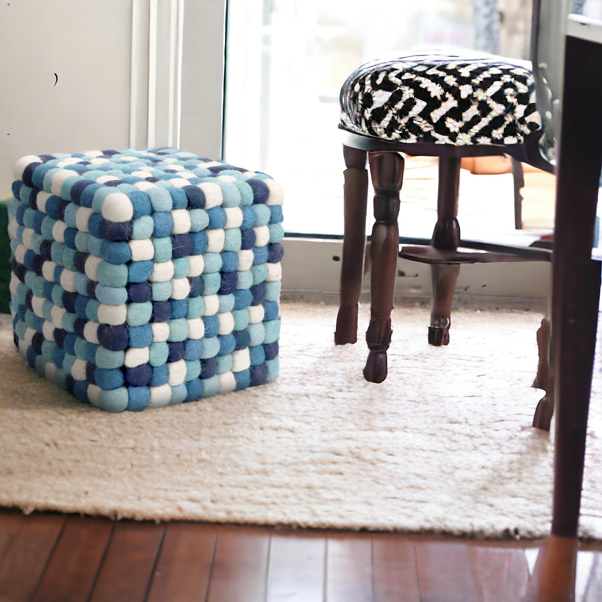 Multi Colored Cube Felt Ball Ottoman Pouf 15 Inches for Living Room, Bedroom