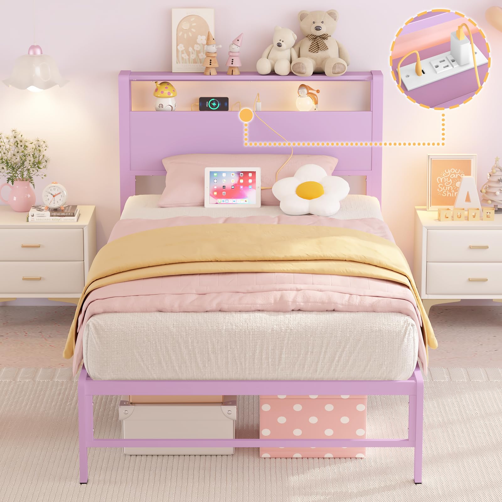 Twin Bed Frame with Charging Station & Storage Headboard - Purple