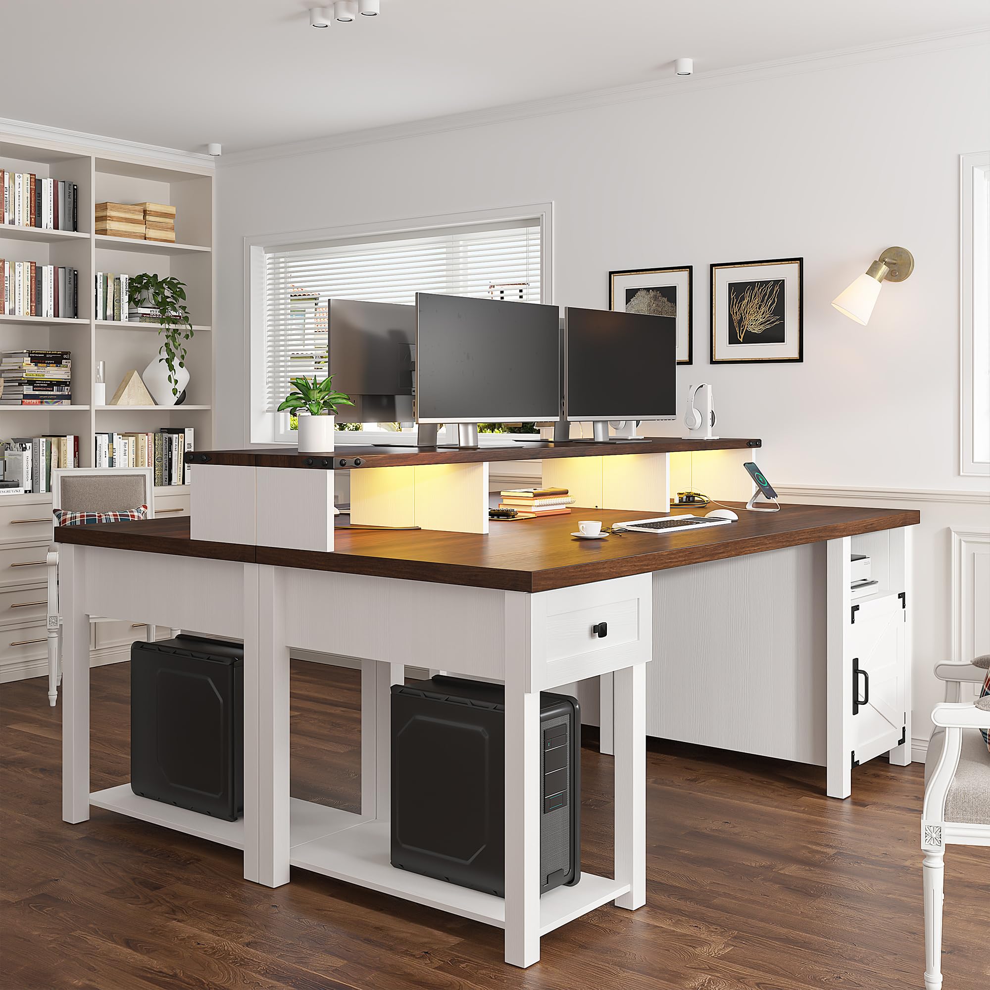 55" Computer Desk with Drawers Farmhouse Desk with Long Monitor Stand Reversible