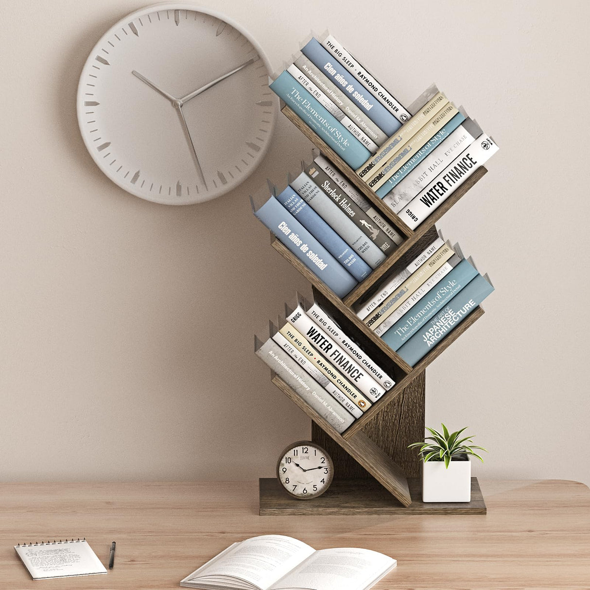 5-Shelf Tree Bookshelf Free Standing Small Book Shelf Narrow Wood Bookcase Floor Standing Book Shelf Modern Book Storage Organizer for Home Office Bedroom Living Room Grey