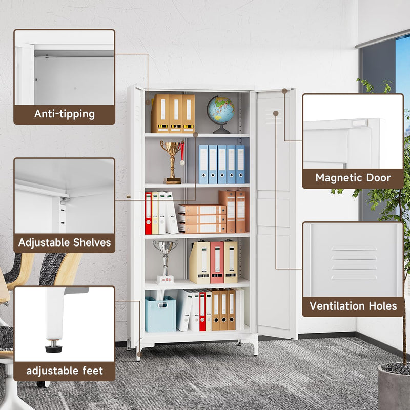 NODHM Kitchen Pantry Storage Cabinet, Metal Kitchen Pantry Cabinet with 2 doors and Adjustable Shelves Kitchen Storage Cabinet for Dining Room,Living Room, Laundry(White)