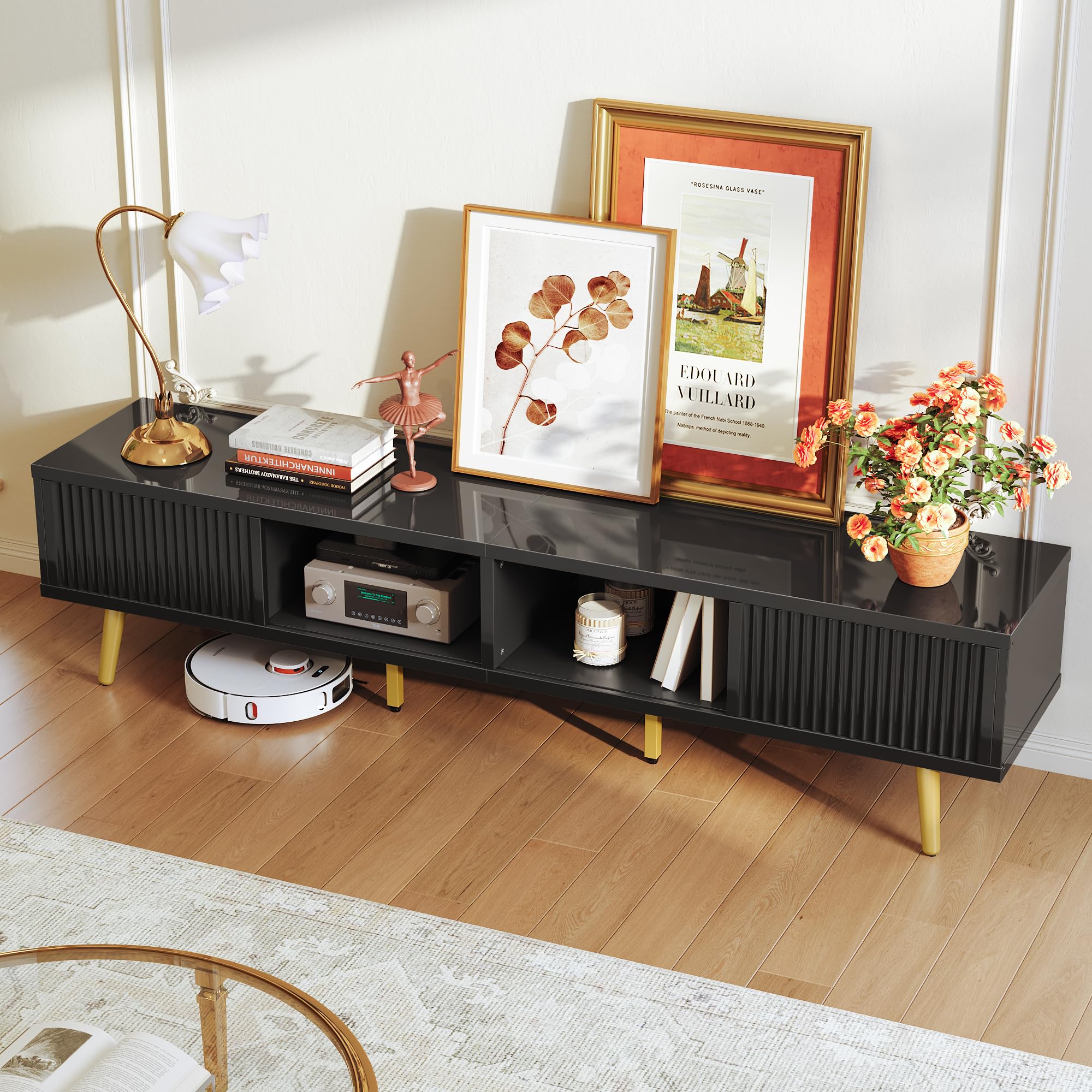 TV Stand for 75/80 inch TV, Low TV Stand with Fluted Sliding Doors