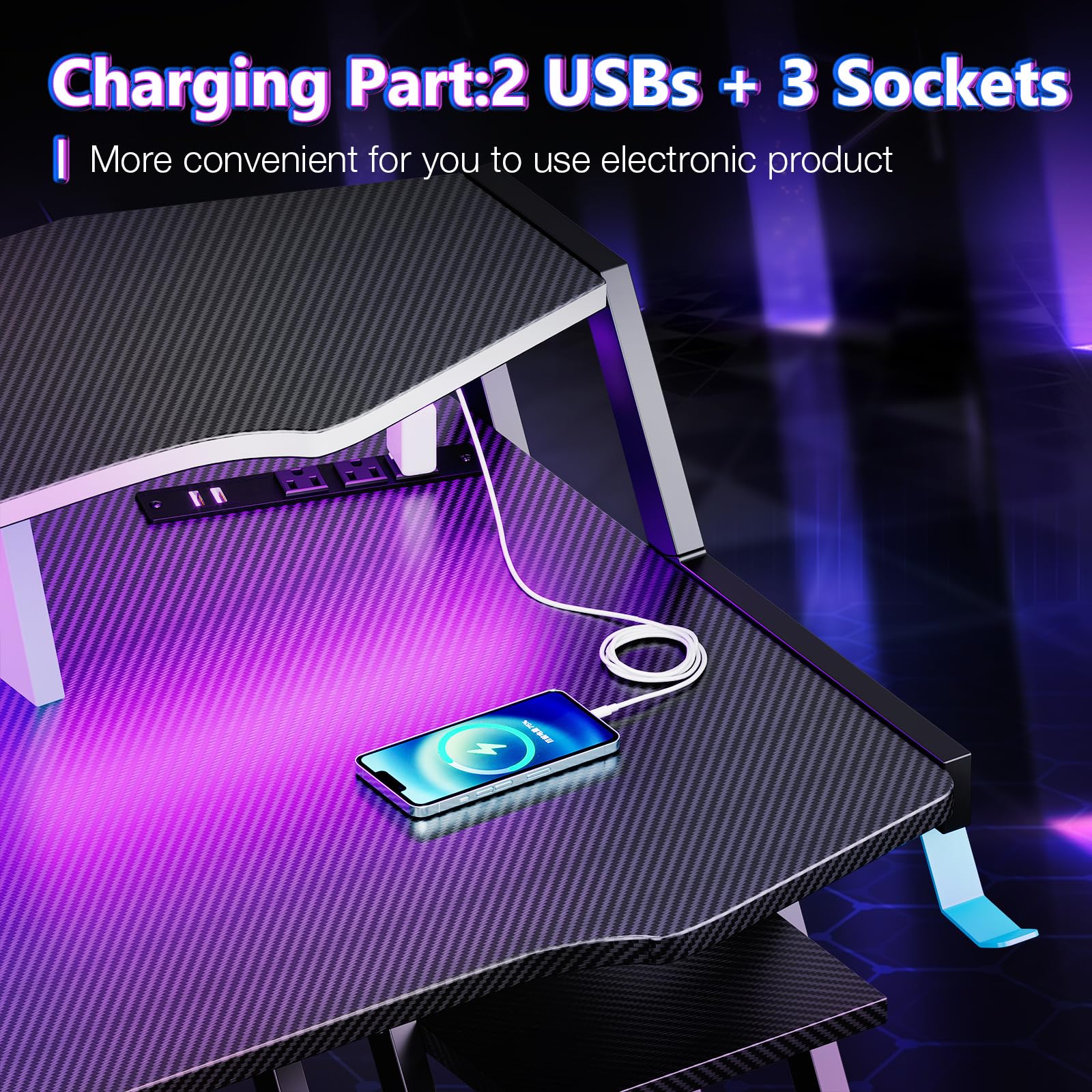 Gaming Desk with Power Outlet & LED Lights, Gaming Computer Desk 47inch with PC