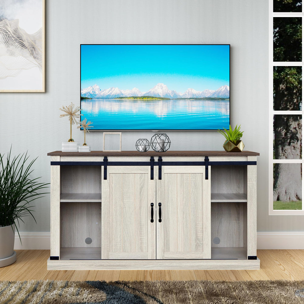 TV Stand with Storage Cabinet, Sliding Barn Doors, and Adjustable Shelves,