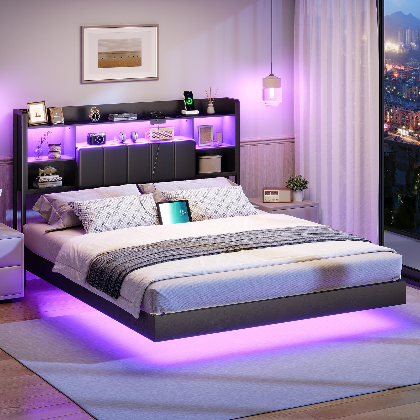 Queen Floating Bed Frame with LED Lights & Charging Station