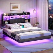 Queen Floating Bed Frame with LED Lights & Charging Station