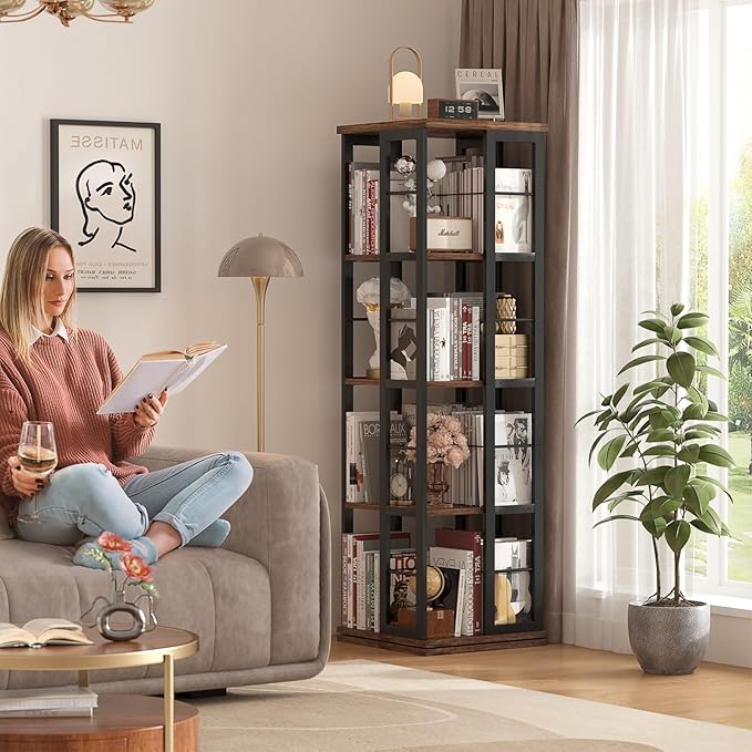 Bookshelf, Corner Bookshelf, 360 Display Wood Spinning Bookshelf, Floor Standing