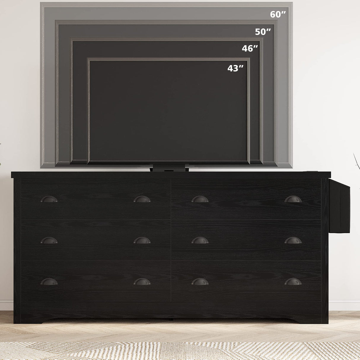 Dresser for Bedroom 6 Drawer with Charging Station, TV Stand Storage Chest of Drawers for Living Room Hallway