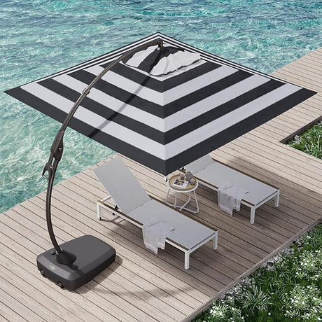 10'x10' Patio Offset Umbrella Aluminum Large Square Cantilever Umbrella with Base Included for Deck Porch (Black & White,